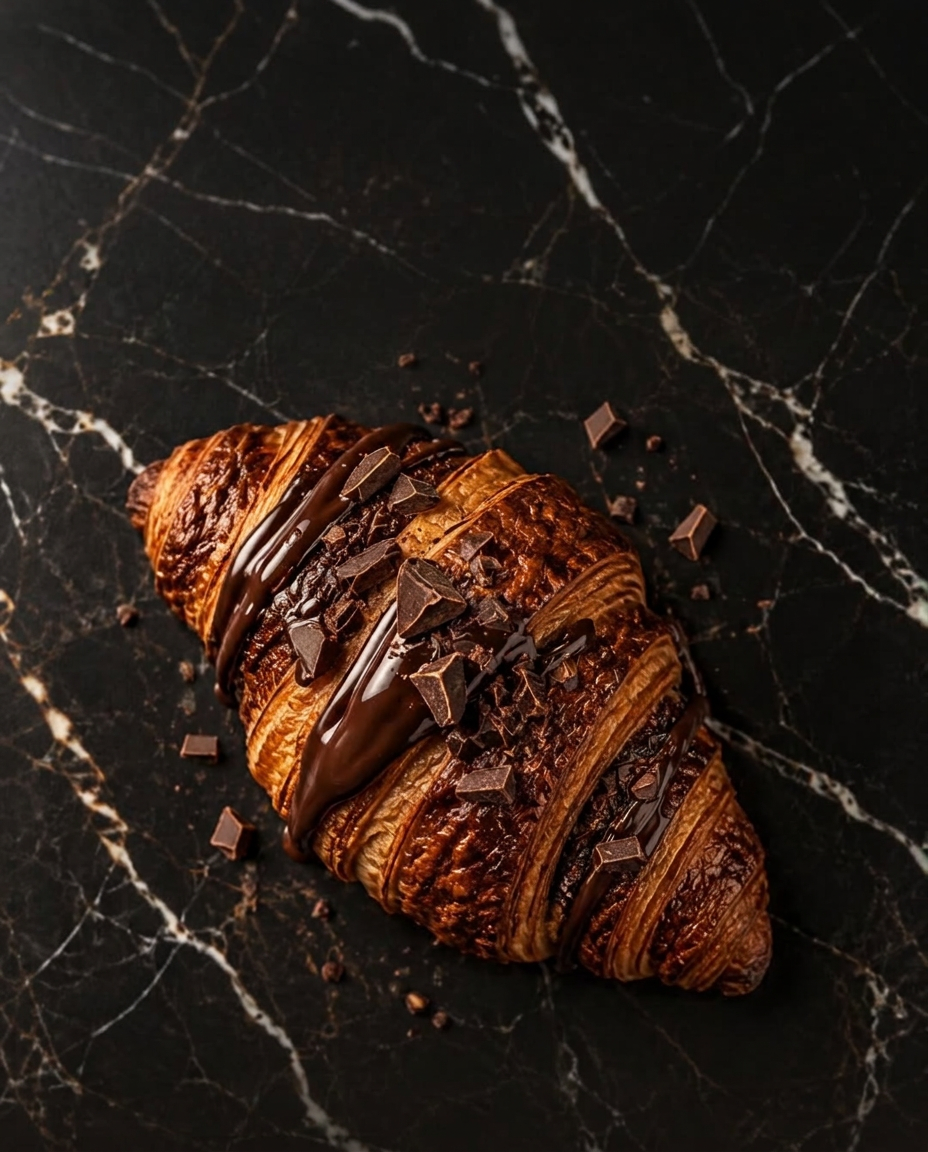 A chocolate croissant glazed with dark chocolate on a black marble table at Kiku Ka-fe
