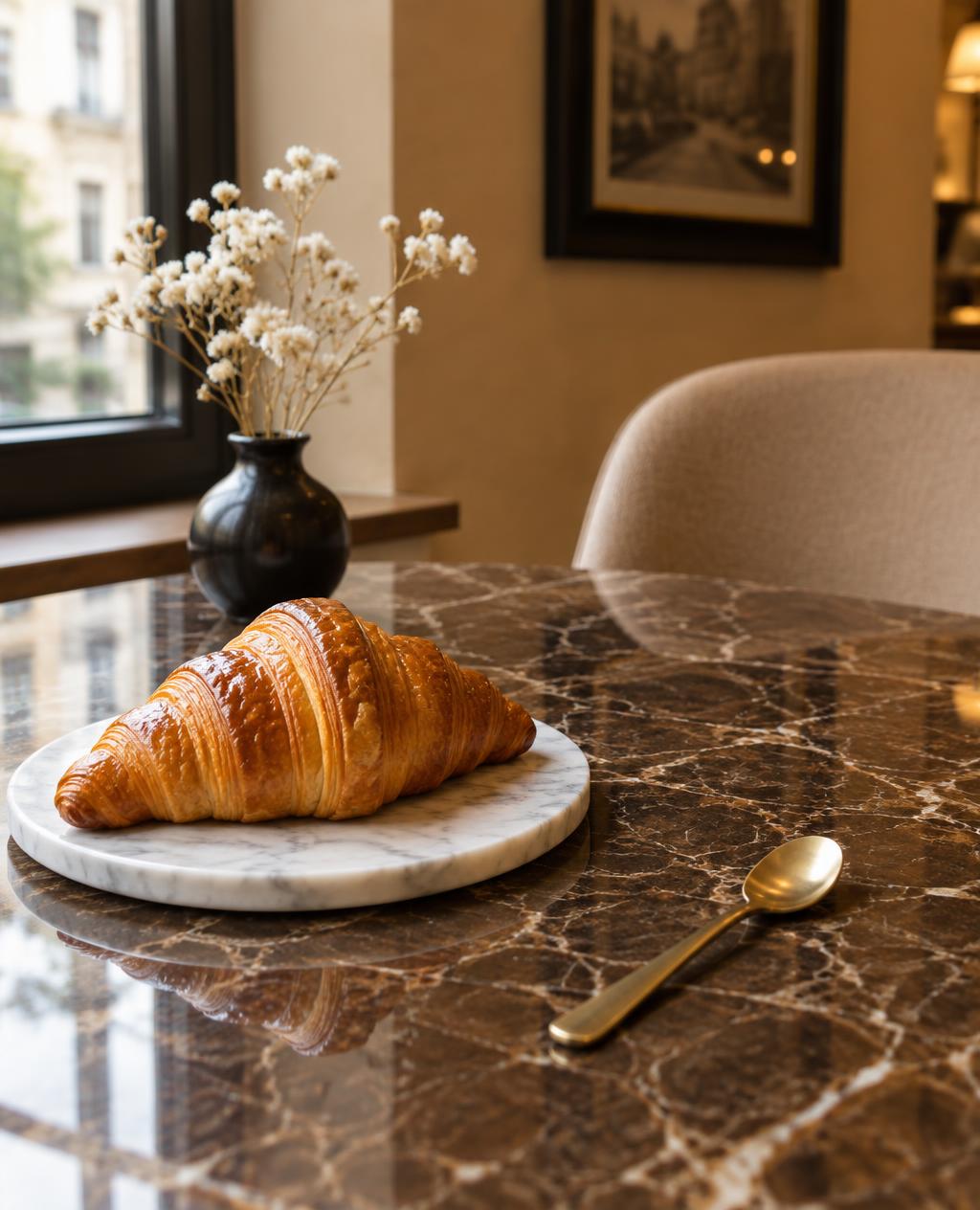 A croissant on a white marble plate on a dark marble table beside a window inside Kiku Ka-fe